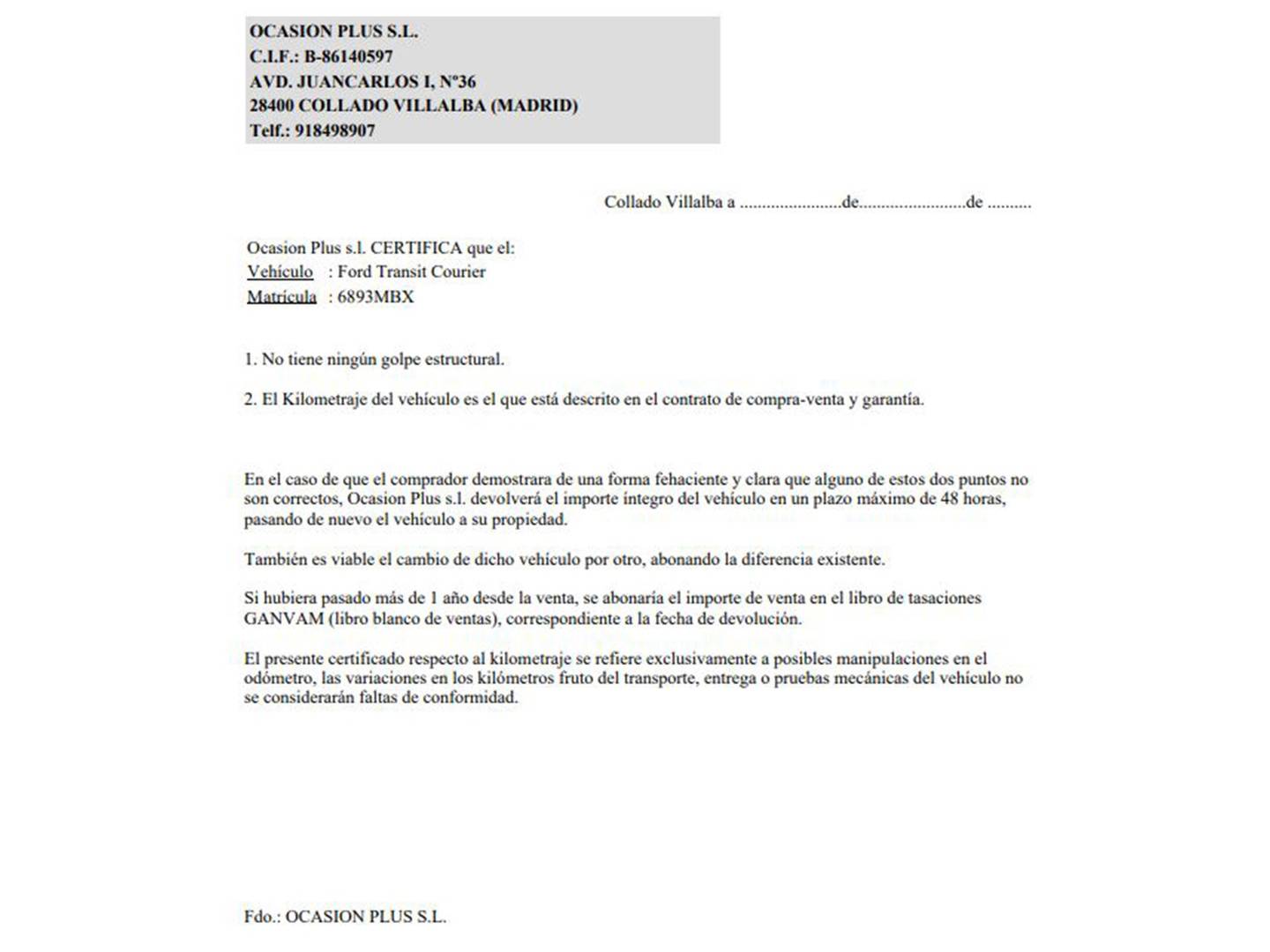 Foto del certificado del Ford Transit Courier Ford Transit Courier Furgon 1.5 TDCI Trend (100 CV)