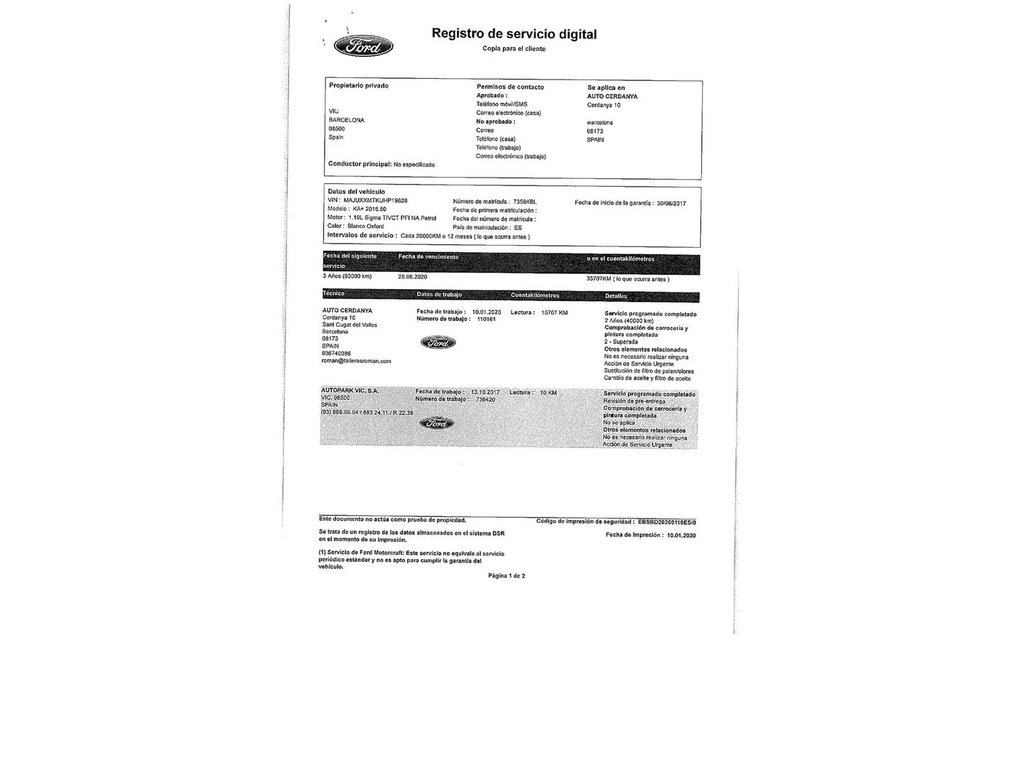 Foto del mantenimiento del Ford Ka+ Ford Ka+ 1.2 Ti-VCT Ultimate (85 CV)