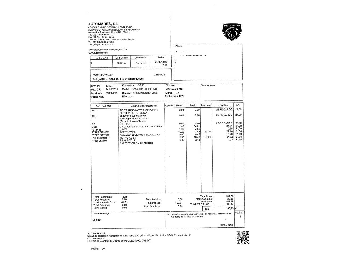 Foto del mantenimiento del Peugeot 3008 Peugeot 3008 BlueHDi 130 S&S Allure Pack EAT8 (130 CV)