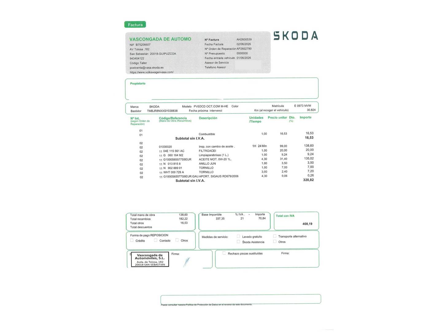 Foto del mantenimiento del Skoda Octavia Skoda Octavia Combi 1.5 TSI m-HEV Selection DSG (150 CV)