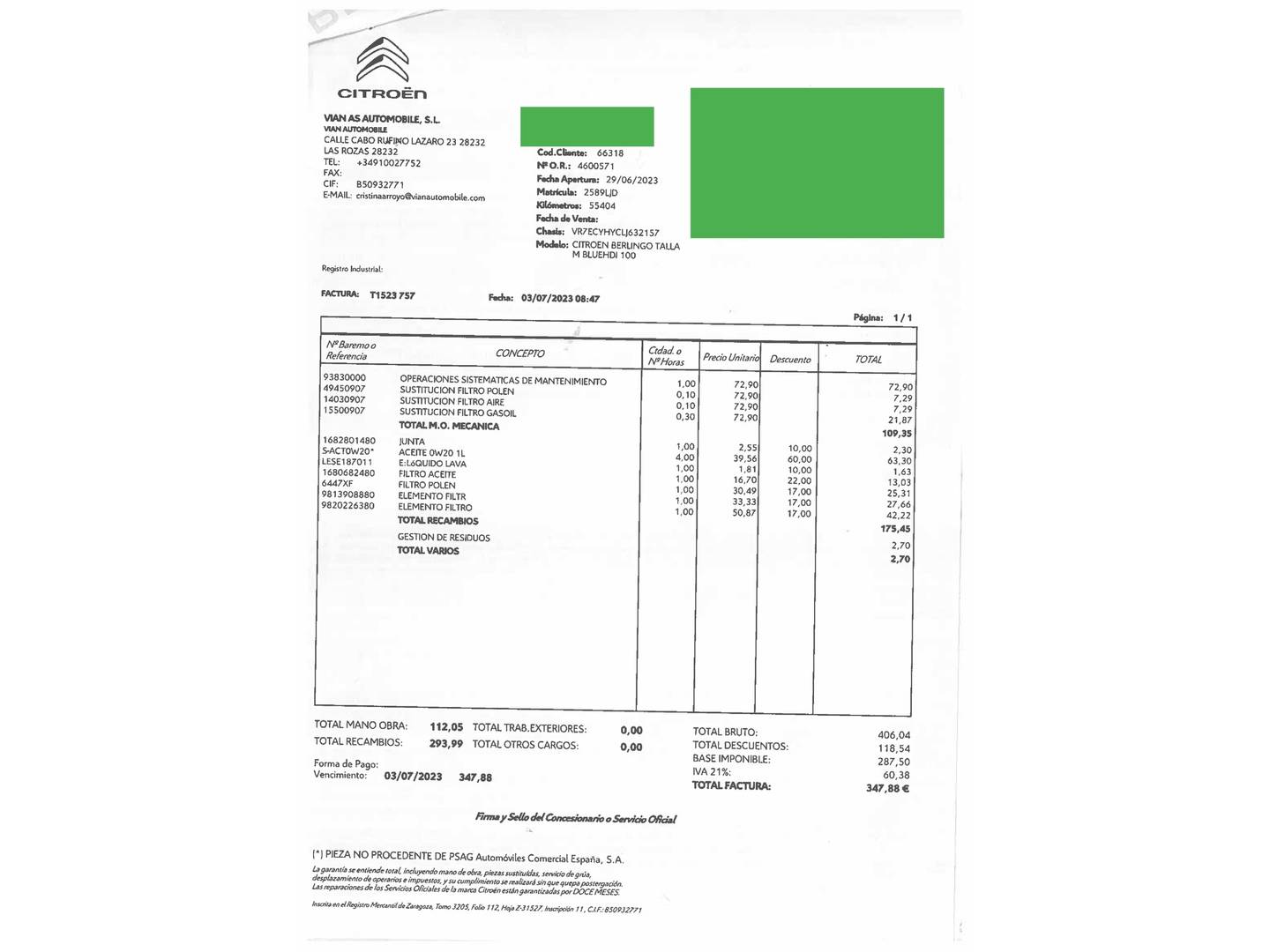 Foto del mantenimiento del Citroën Berlingo Citroën Berlingo BlueHDi 100 S&S Talla M Shine (102 CV)