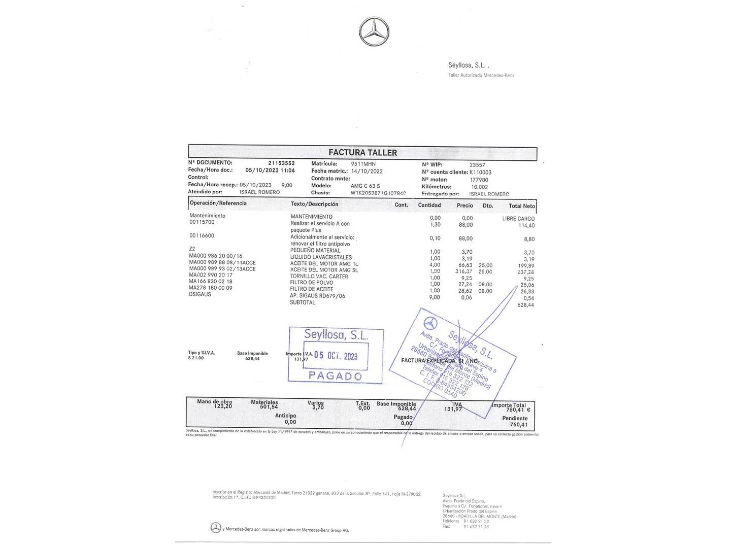 Foto del mantenimiento del Mercedes Clase C Mercedes Clase C Coupé 63 S Mercedes-AMG (510 CV)