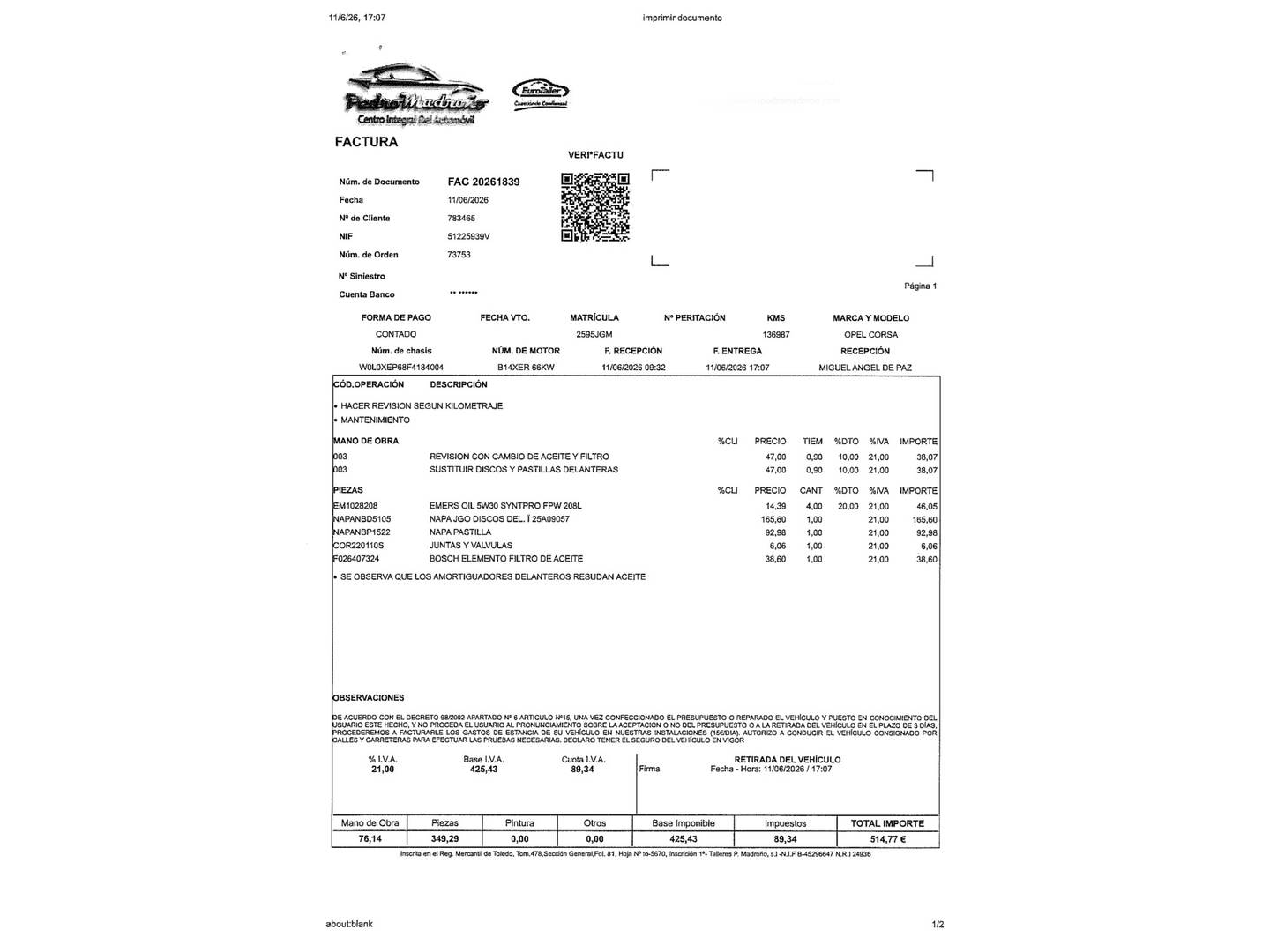 Foto del mantenimiento del Opel Corsa Opel Corsa 1.4 Selective Auto (90 CV)
