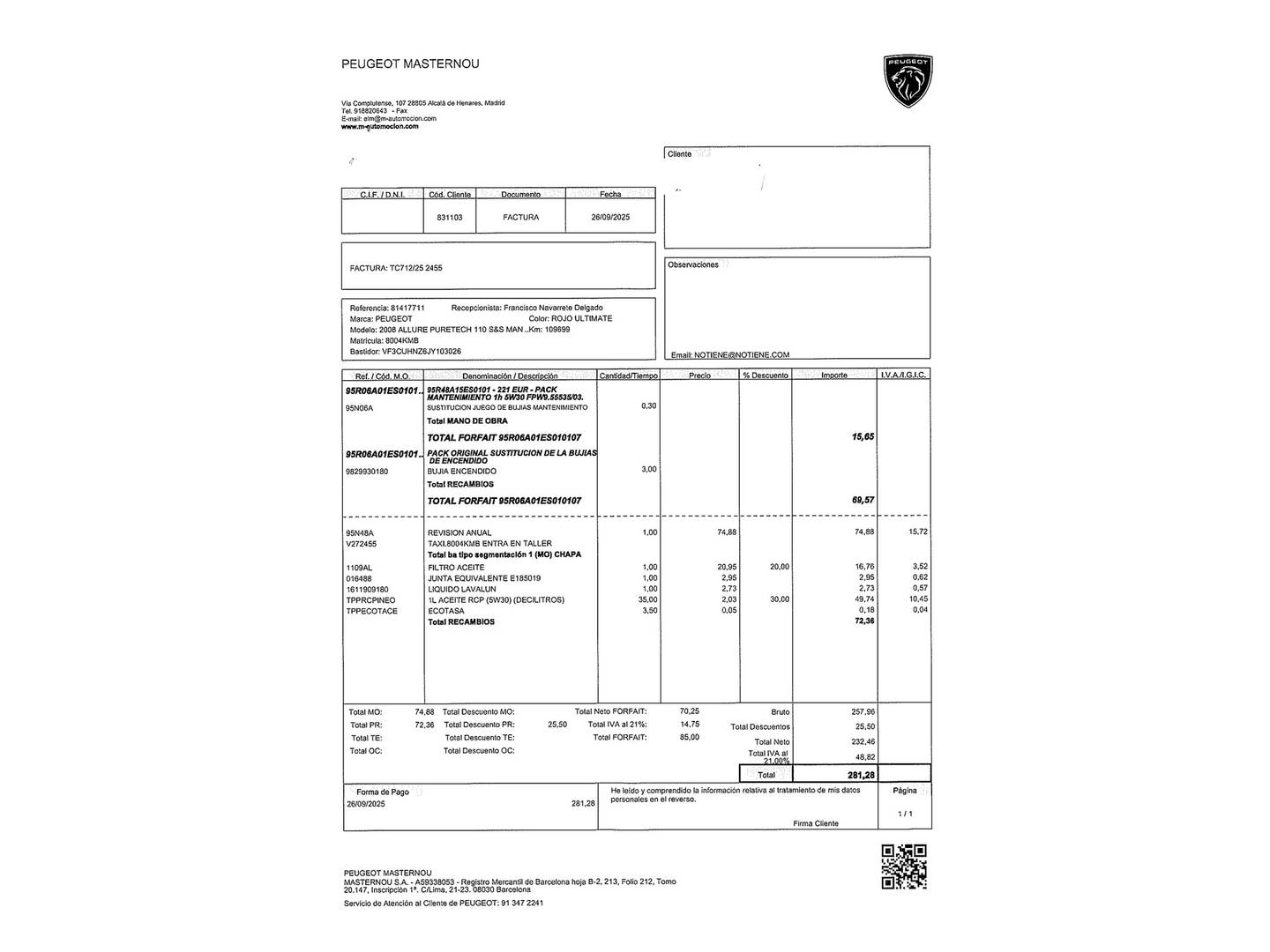 Foto del mantenimiento del Peugeot 2008 Peugeot 2008 PureTech 110 S&S Allure (110 CV)