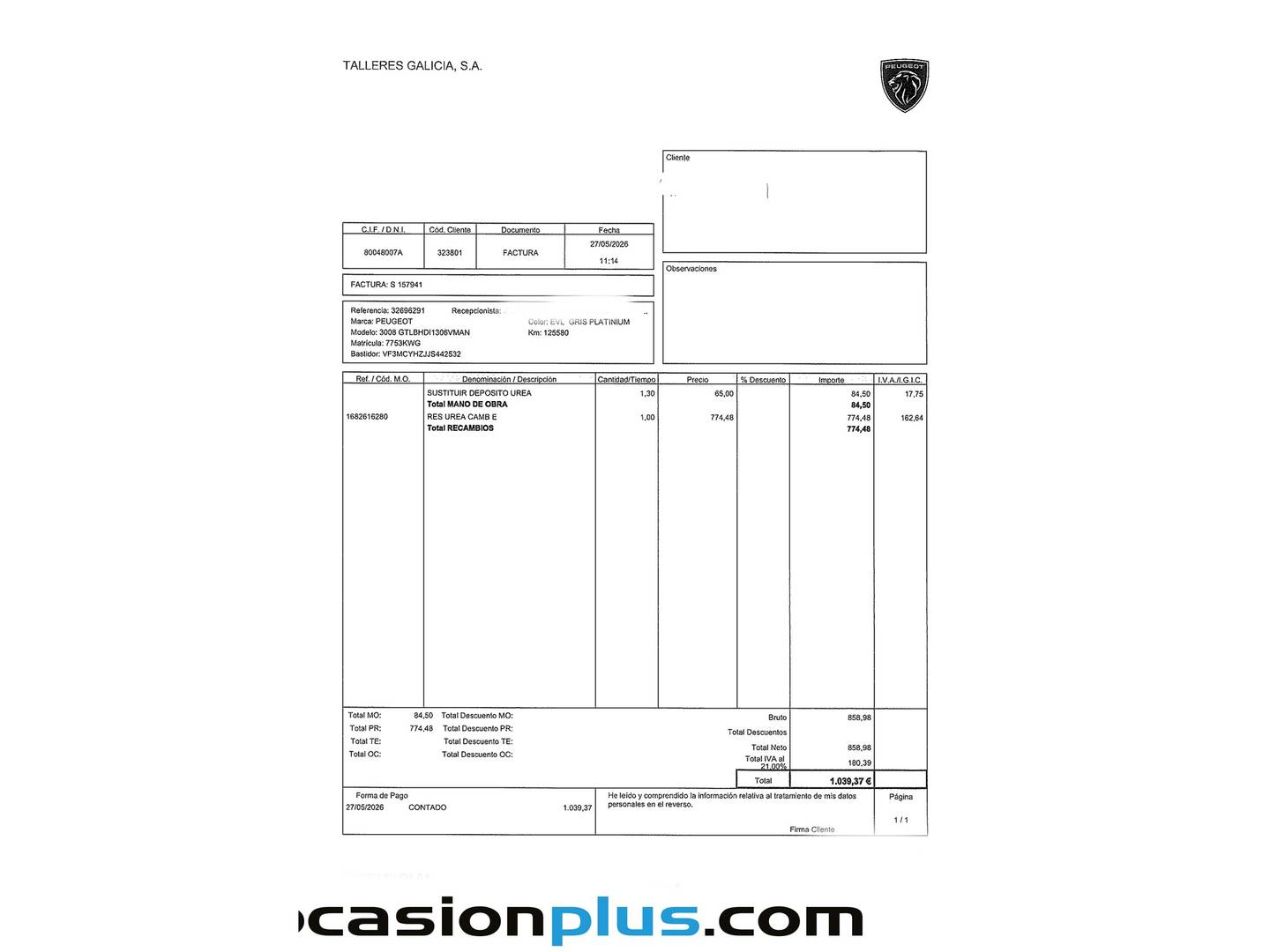Foto del mantenimiento del Peugeot 3008 Peugeot 3008 BlueHDI 130 S&S GT Line (130 CV)