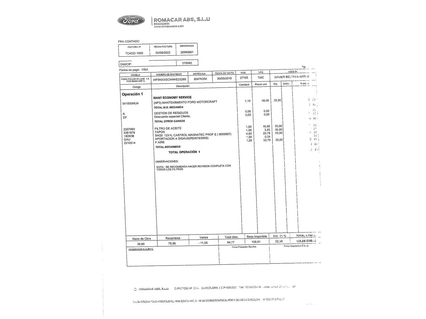 Foto del mantenimiento del Ford Focus Ford Focus 1.0 Ecoboost S&S ST-Line (125 CV)