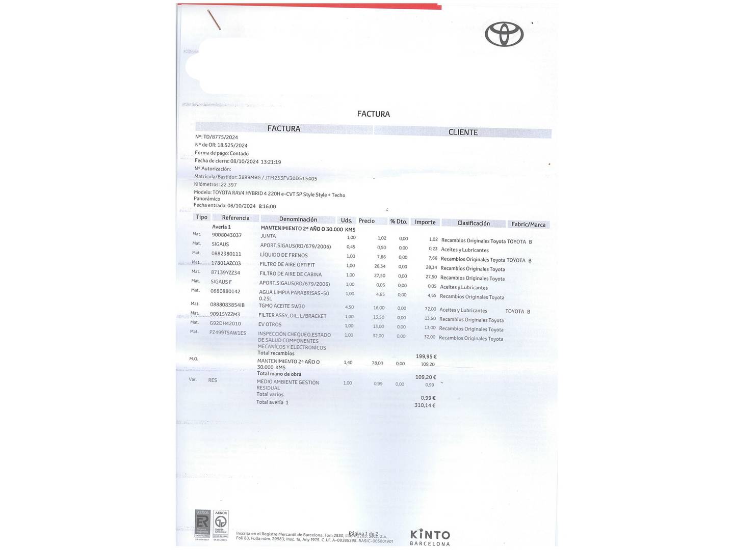 Foto del mantenimiento del Toyota Rav4 Toyota Rav4 2.5l hybrid Style 4WD (222 CV)