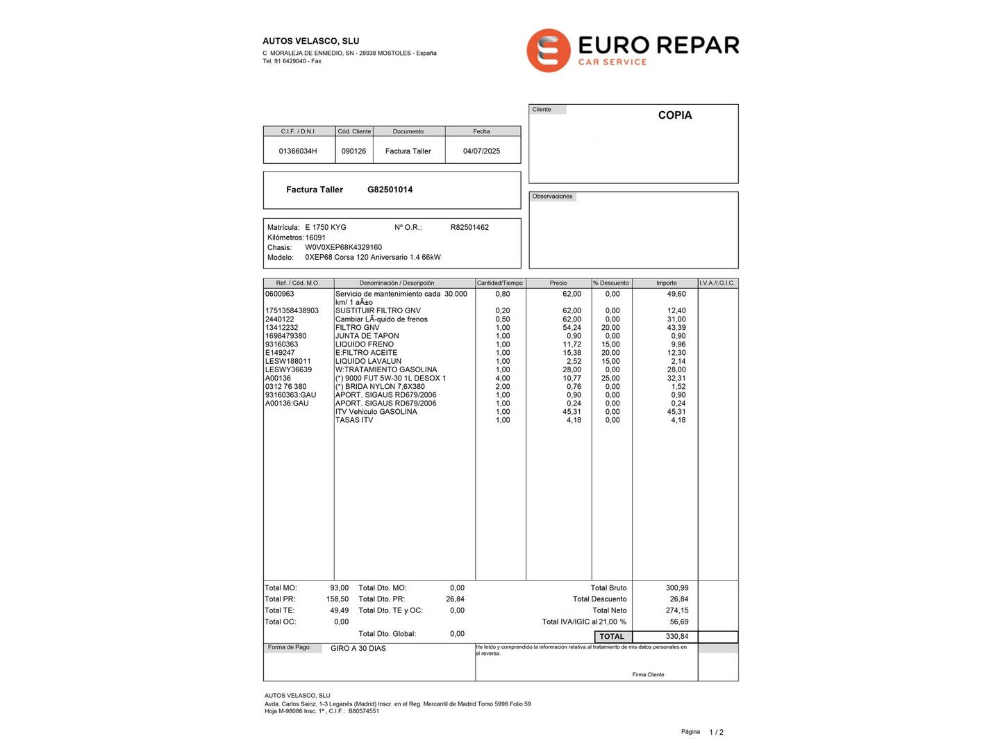 Foto del mantenimiento del Opel Corsa Opel Corsa 1.4 GLP Selective Pro  (90 CV)