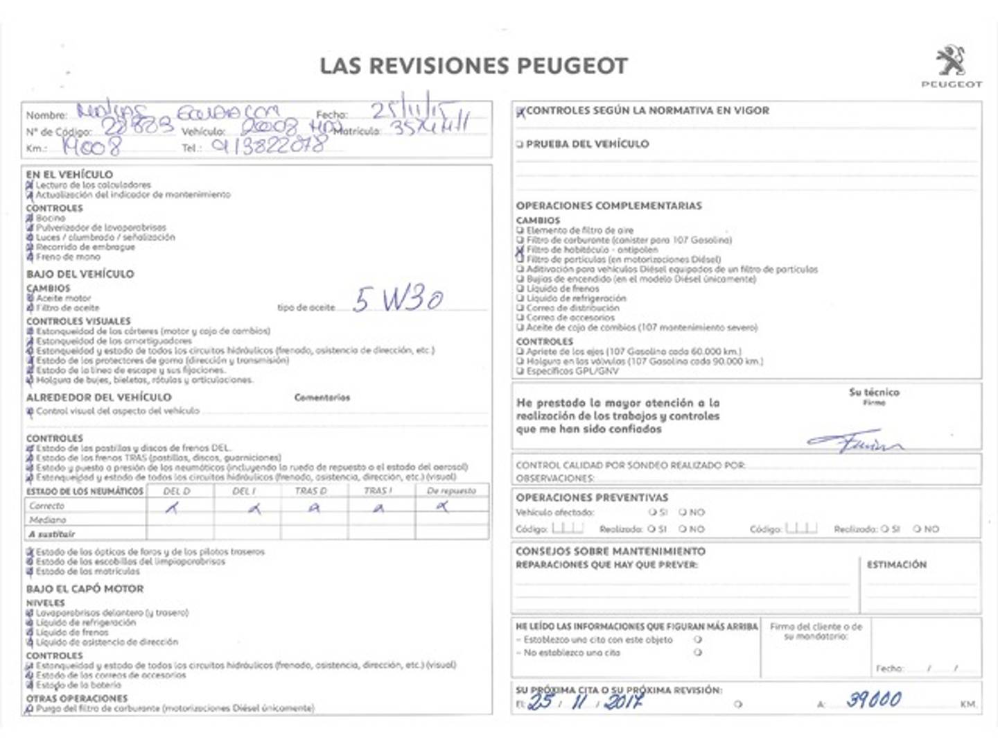 Foto del mantenimiento del Peugeot 2008 Peugeot 2008 e-HDI 92 Active  (92 CV)