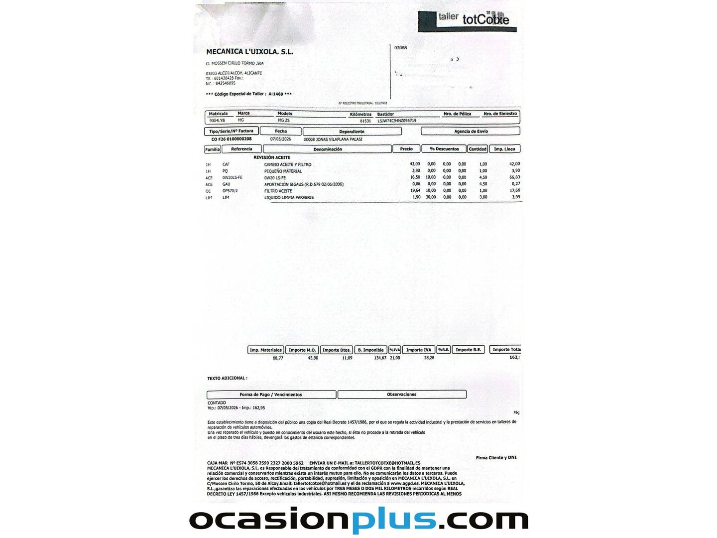 Foto del mantenimiento del MG ZS MG ZS 1.0T Luxury Auto (111 CV)