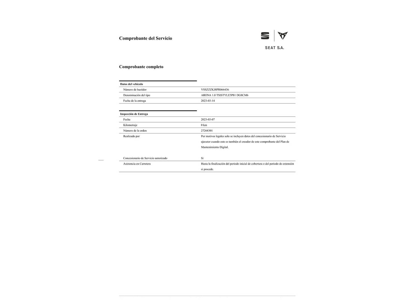 Foto del mantenimiento del Seat Arona Seat Arona 1.0 TSI Style XL Edition (110 CV)