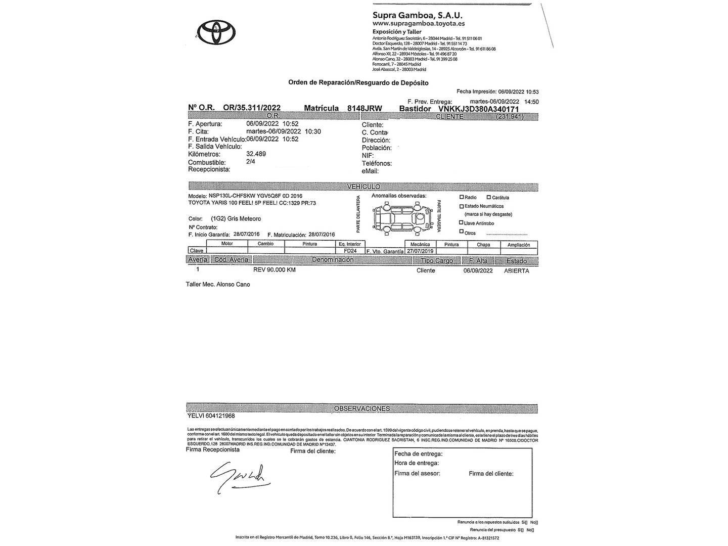 Foto del mantenimiento del Toyota Yaris Toyota Yaris 1.3 100 Feel (99 CV)
