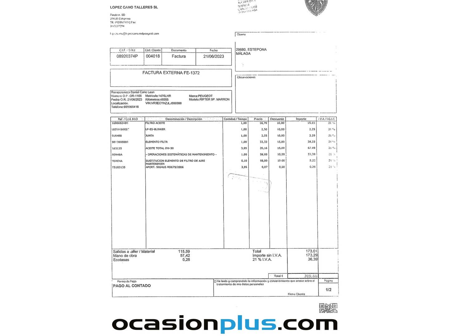 Foto del mantenimiento del Peugeot Rifter Peugeot Rifter BlueHDi 130 Allure Standard (130 CV)