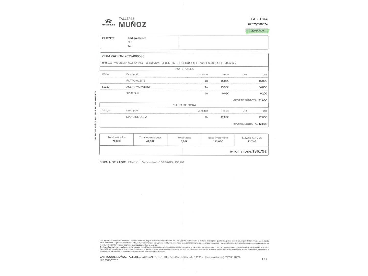 Foto del mantenimiento del Opel Combo Life Opel Combo Life 1.5 TD S&S Selective L (102 CV)