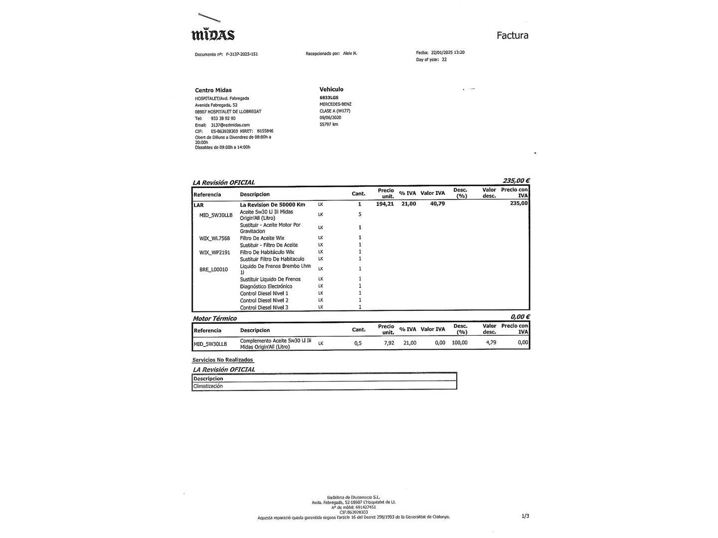 Foto del mantenimiento del Mercedes Clase A Mercedes-Benz Clase A Clase A 180 d (116 CV)