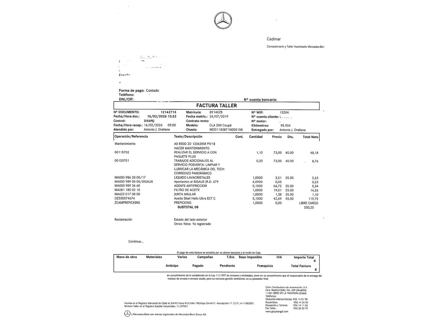 Foto del mantenimiento del Mercedes CLA Mercedes-Benz CLA CLA 200 (163 CV)