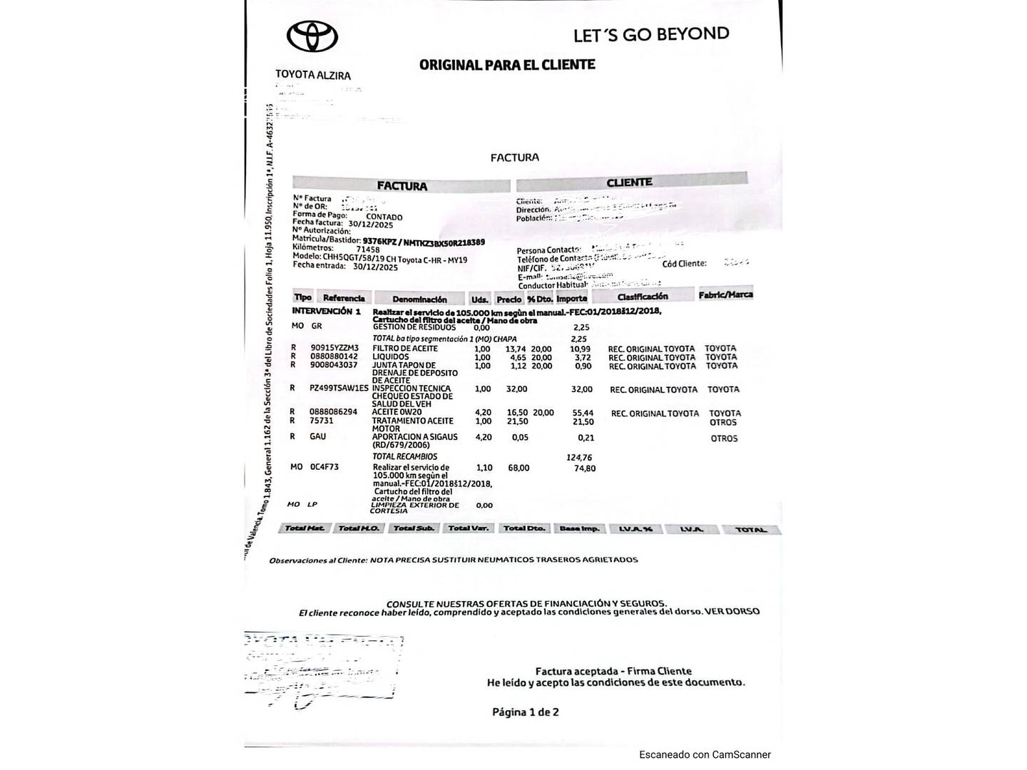 Foto del mantenimiento del Toyota C-HR Toyota C-HR 1.8 125H Dynamic Plus (122 CV)