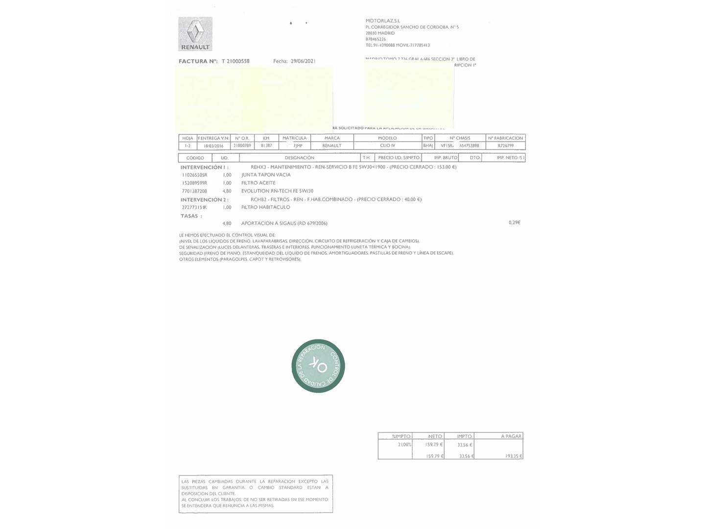 Foto del mantenimiento del Renault Clio Renault Clio Dynamique dCi (90 CV) Pack GT Line