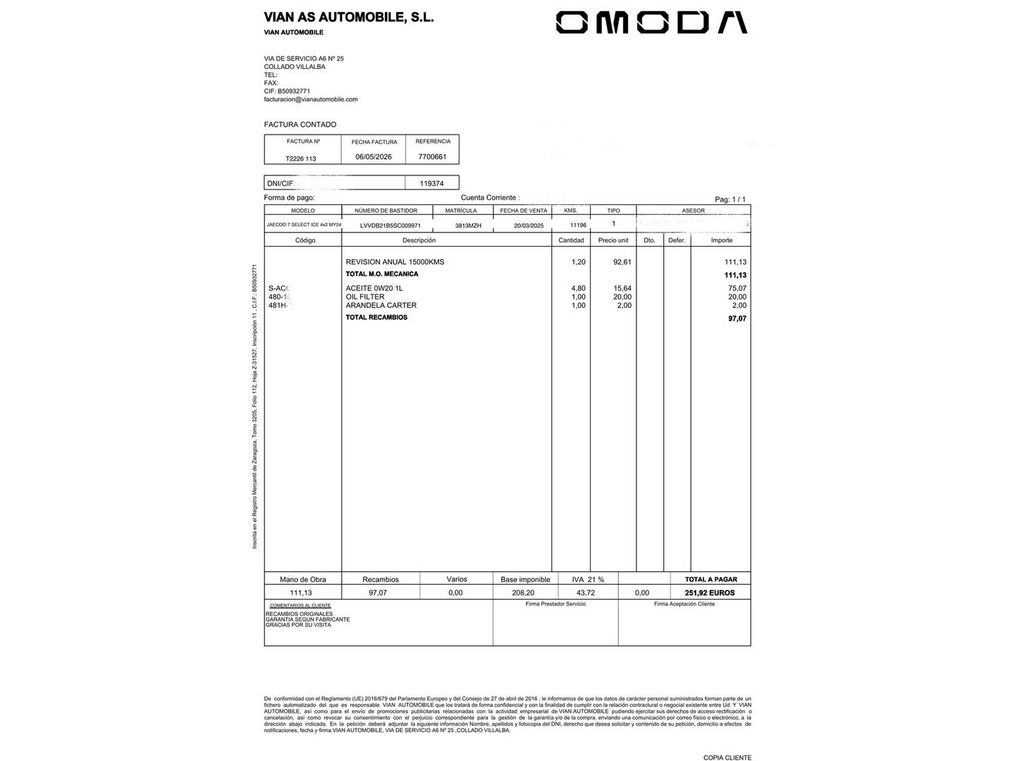 Foto del mantenimiento del JAECOO 7 JAECOO 7 1.6 TGDI Select FWD (145 CV)