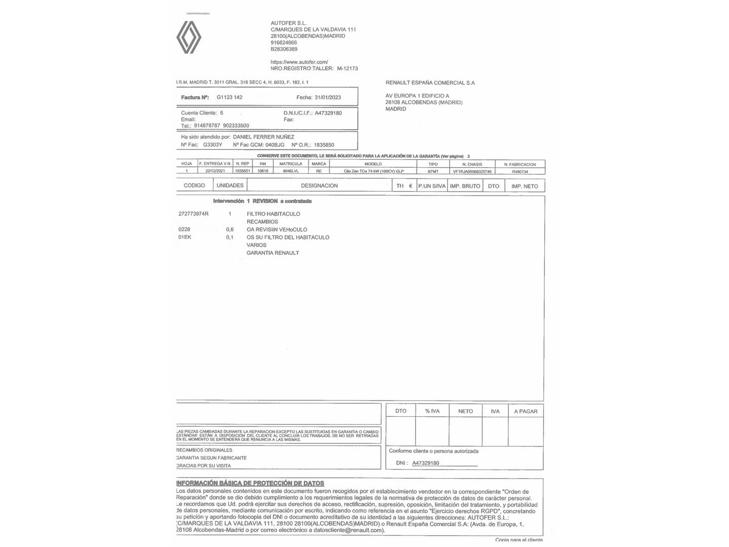 Foto del mantenimiento del Renault Clio Renault Clio Zen TCe (100 CV) GLP