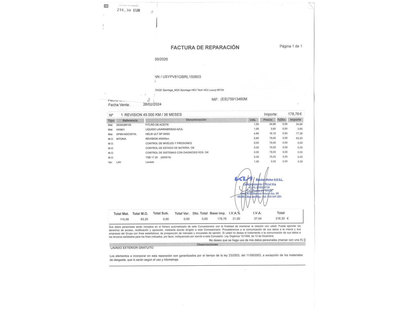 Foto del mantenimiento del KIA Sportage KIA Sportage 1.6 T-GDi HEV Tech 4x2 (230 CV)