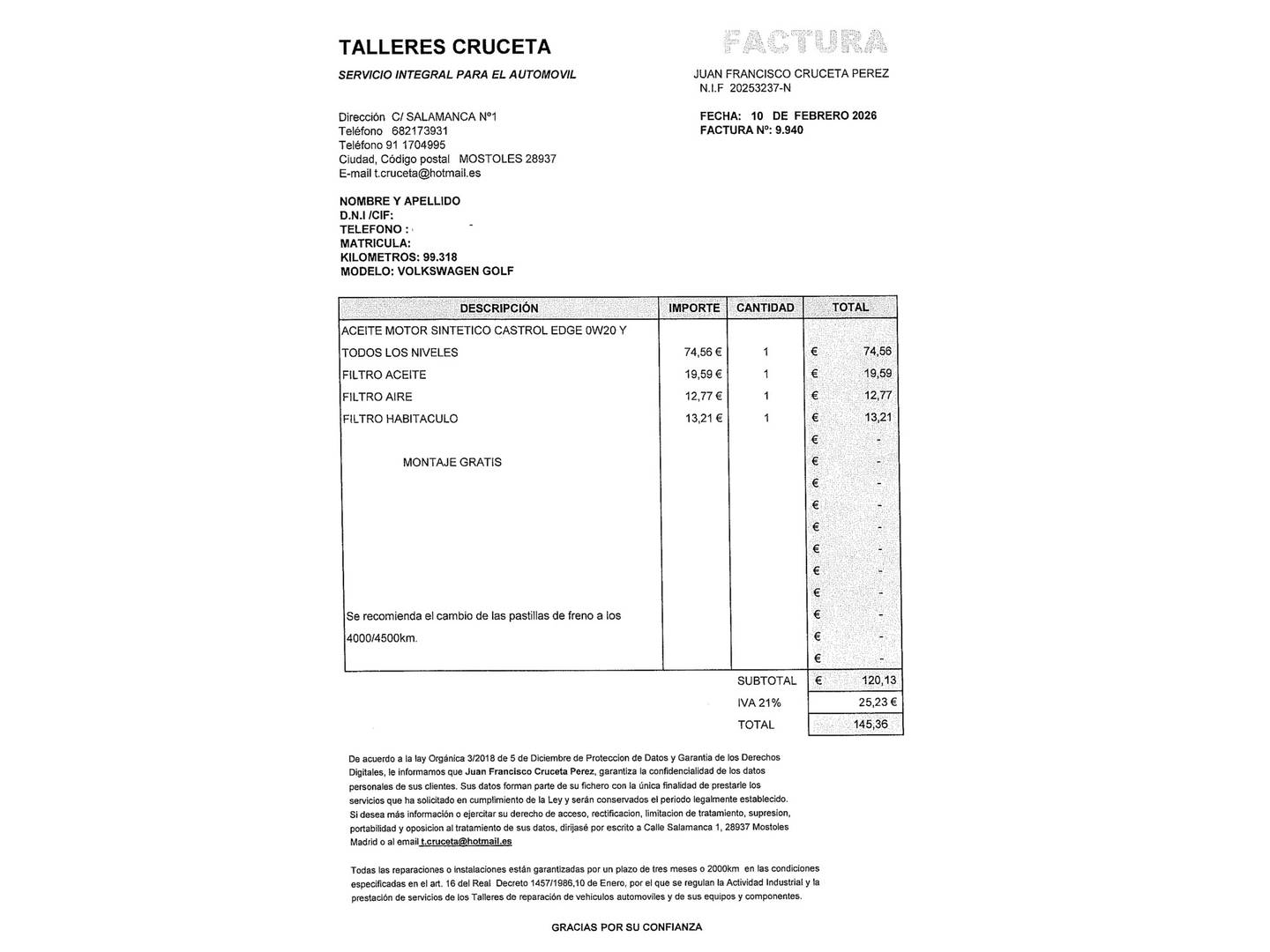Foto del mantenimiento del Volkswagen Golf Volkswagen Golf Life 1.0 eTSI (110 CV) DSG