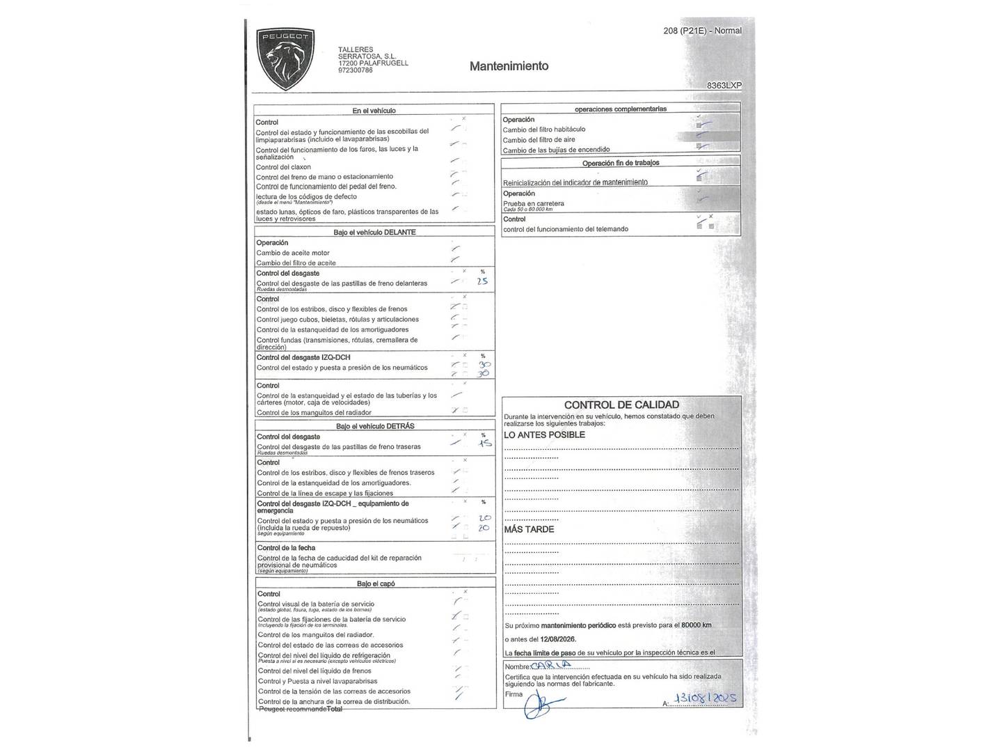 Foto del mantenimiento del Peugeot 208 Peugeot 208 PureTech 130 Allure Pack EAT8 (130 CV)