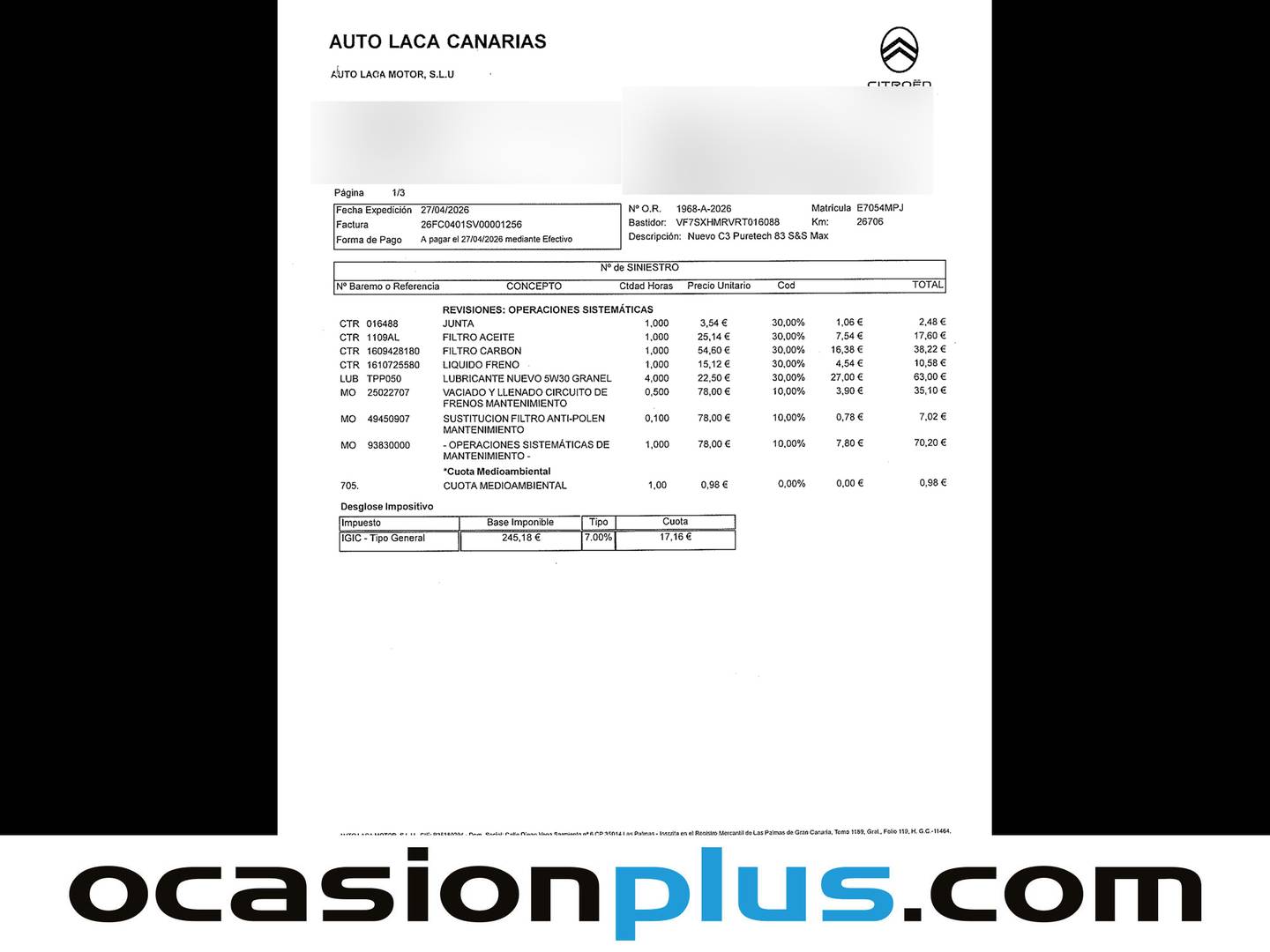Foto del mantenimiento del Citroën C3 Origin Citroën C3 Origin PureTech 83 Max (83 CV)