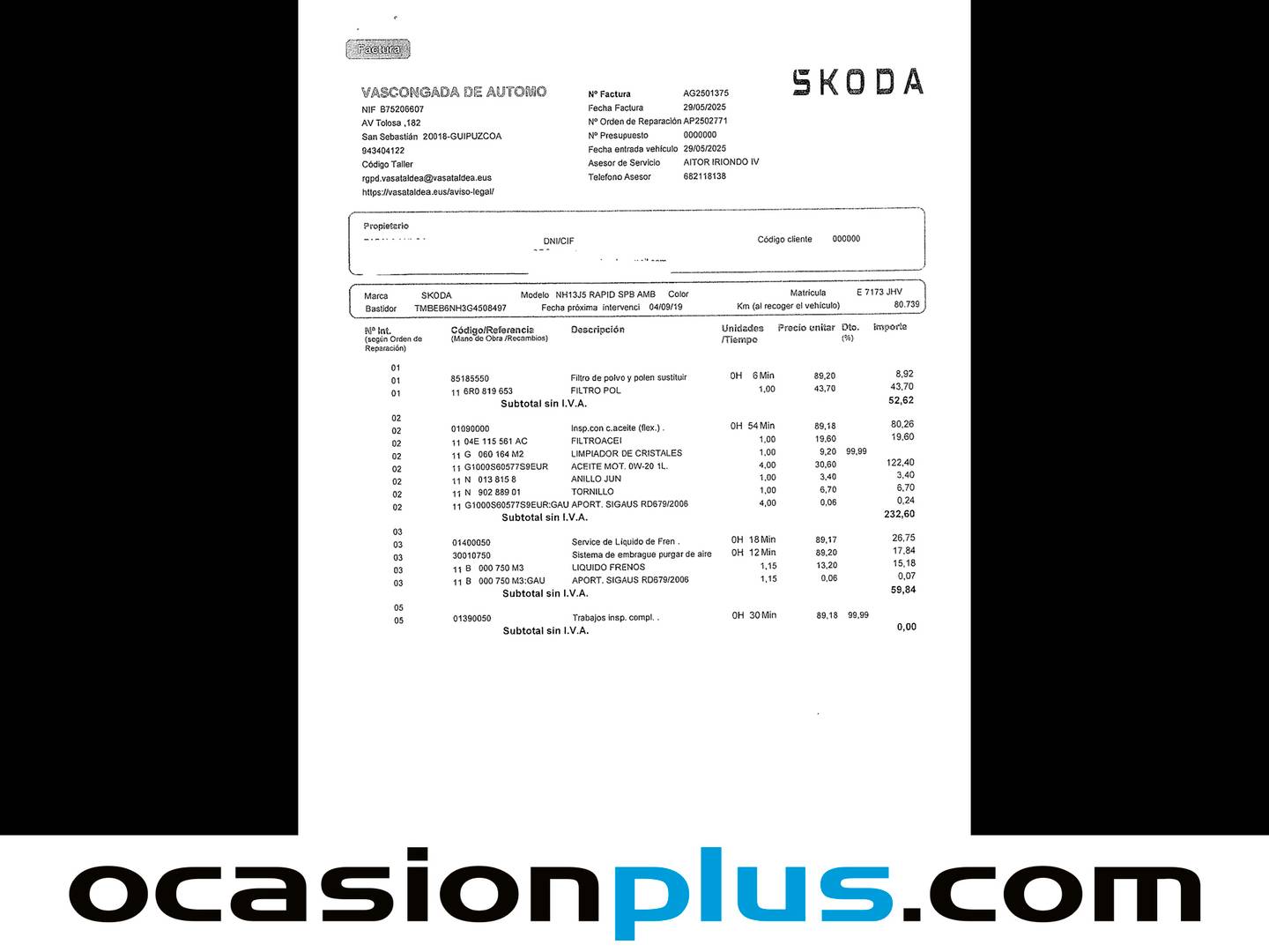 Foto del mantenimiento del Skoda Spaceback Skoda Spaceback 1.2 TSI Ambition (110 CV)