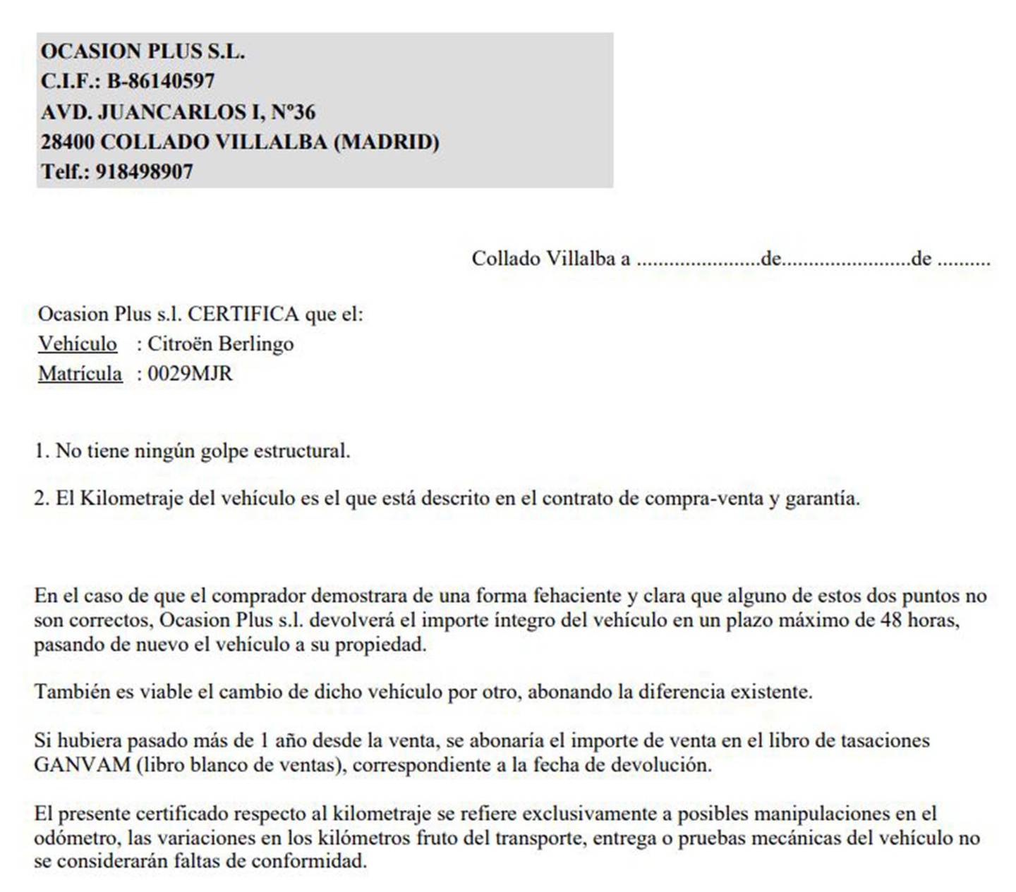 Foto del certificado del Citroën Berlingo Citroen Berlingo PureTech 110 S&S Talla M Feel (110 CV)