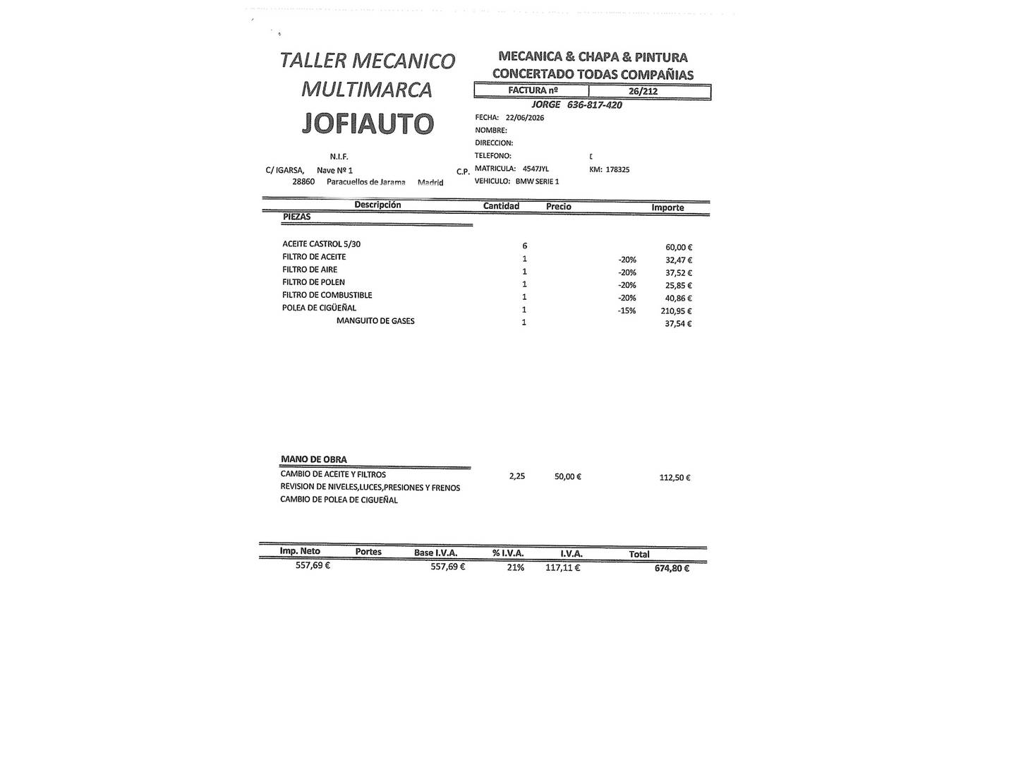 Foto del mantenimiento del BMW Serie 1 BMW Serie 1 116d (116 CV)