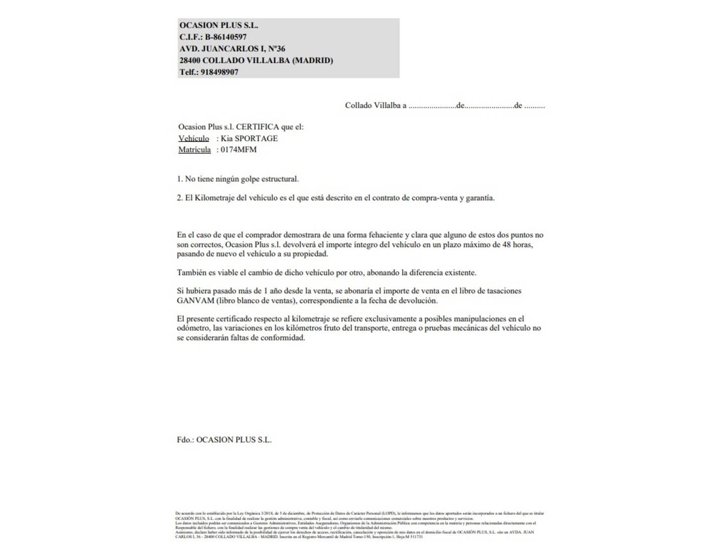 Foto del certificado del KIA Sportage KIA Sportage 1.6 T-GDi HEV Drive 4x2 (230 CV)