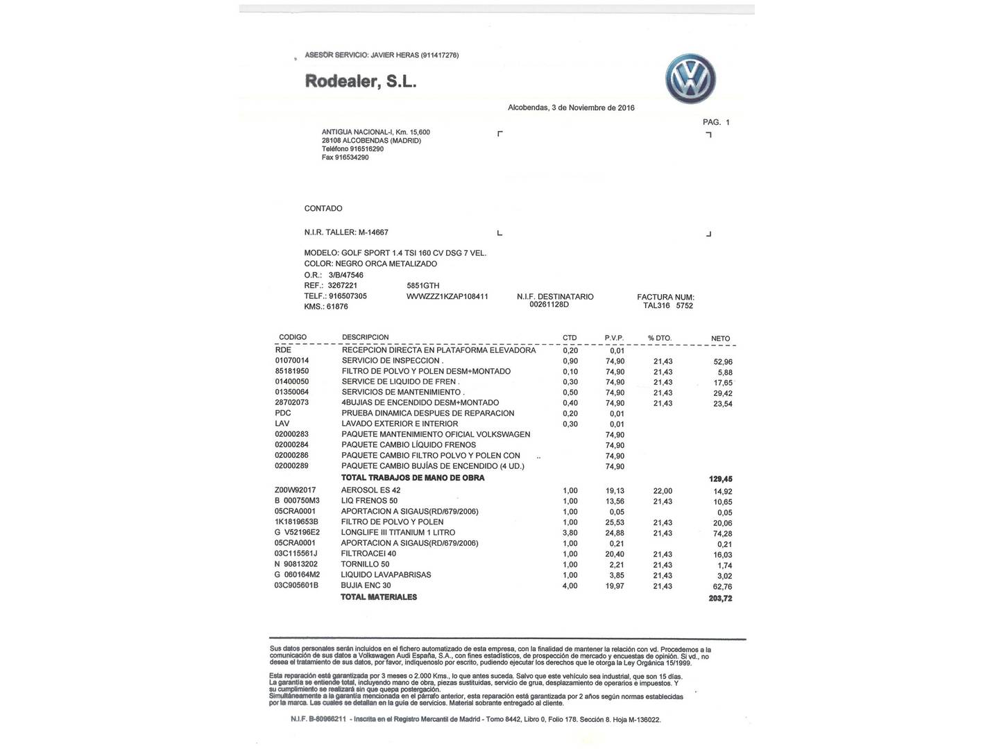 Foto del mantenimiento del Volkswagen Golf Volkswagen Golf Sport 1.4 TSI  (160 CV) DSG