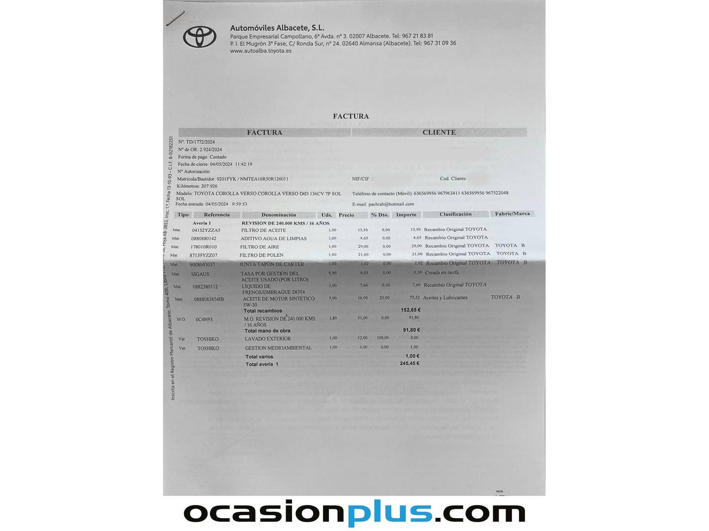 Foto del mantenimiento del Toyota Corolla Verso Toyota Corolla Verso 2.2 D-4D Sol (136 CV) 7 Plazas