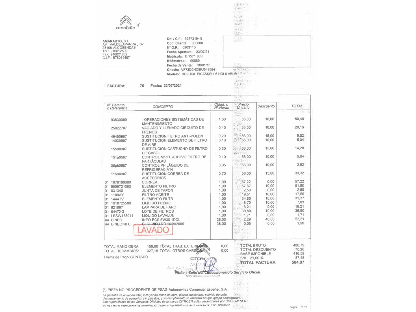 Foto del mantenimiento del Citroën C4 Picasso Citroën C4 Picasso 1.6 e-HDI Intensive (115 CV)