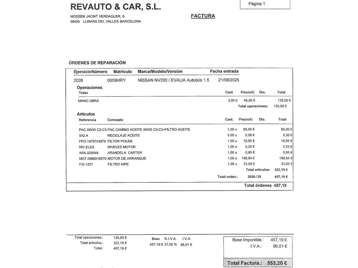 Foto del mantenimiento del Nissan NV200 Nissan NV200 Combi 1.5 dCi Comfort 5 (110 CV)