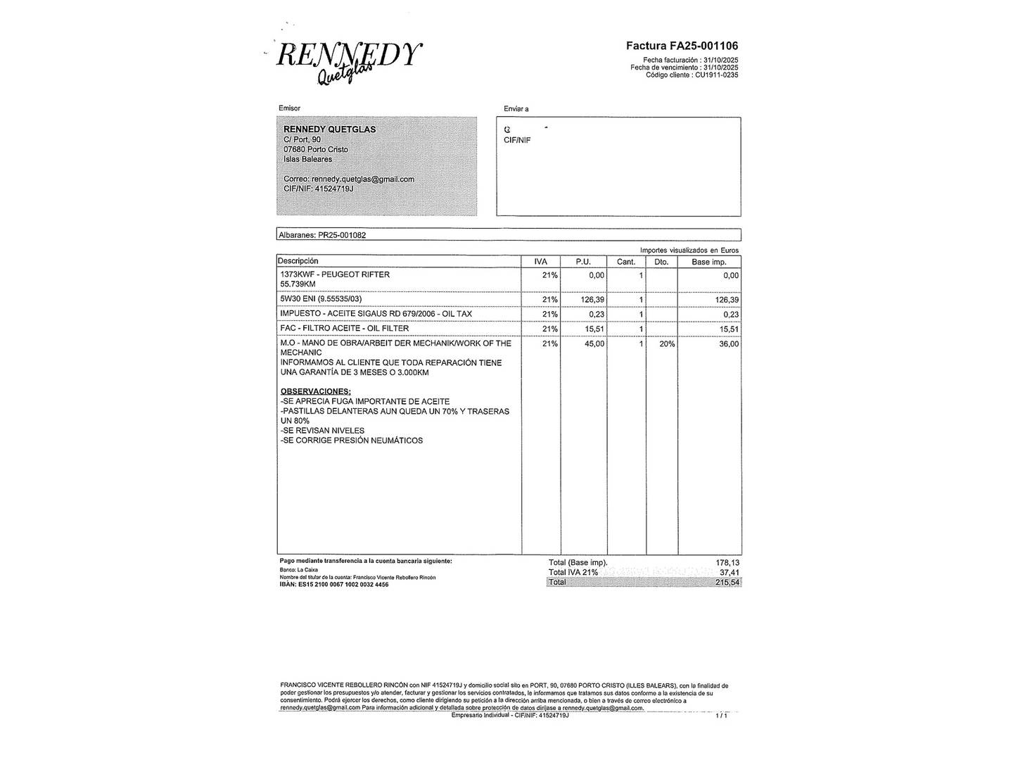 Foto del mantenimiento del Peugeot Rifter Peugeot Rifter BlueHDi 130 S&S Allure Long (130 CV) 7 Plazas