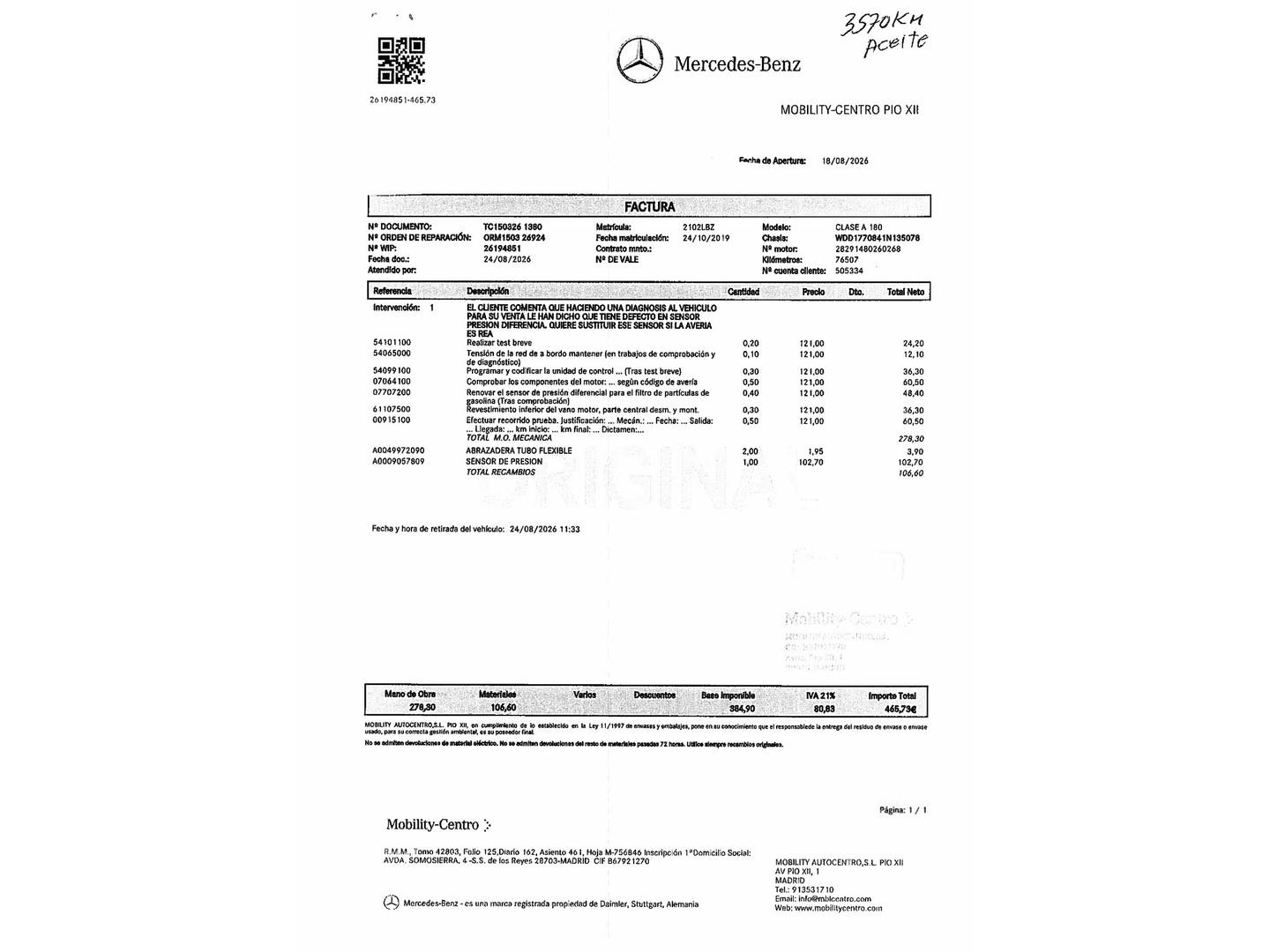 Foto del mantenimiento del Mercedes Clase A Mercedes Clase A 180 (136 CV) Pack AMG