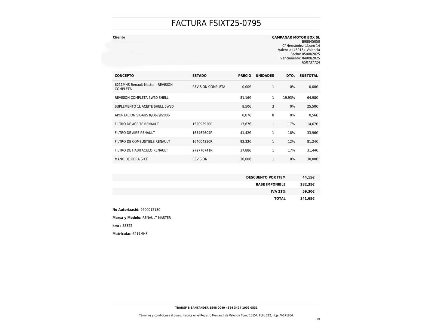 Foto del mantenimiento del Renault Master Renault Master Furgon Furgon L3H2 3500 Energy RG dCi  (145 CV)