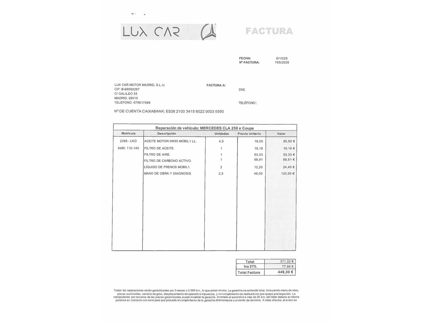 Foto del mantenimiento del Mercedes CLA Mercedes CLA 250 e (218 CV) Pack AMG