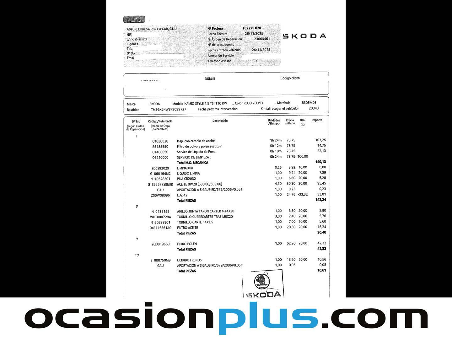 Foto del mantenimiento del Skoda Kamiq Skoda Kamiq 1.5 TSI Style DSG (150 CV)