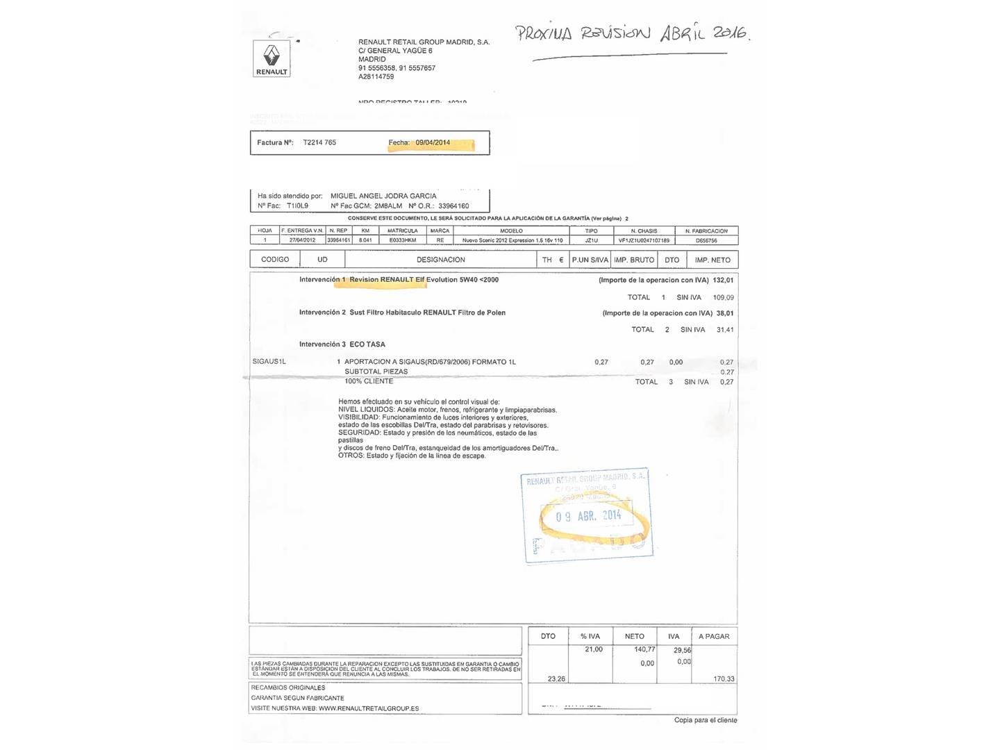 Foto del mantenimiento del Renault Scénic Renault Scenic Expression 1.6 (110 CV)