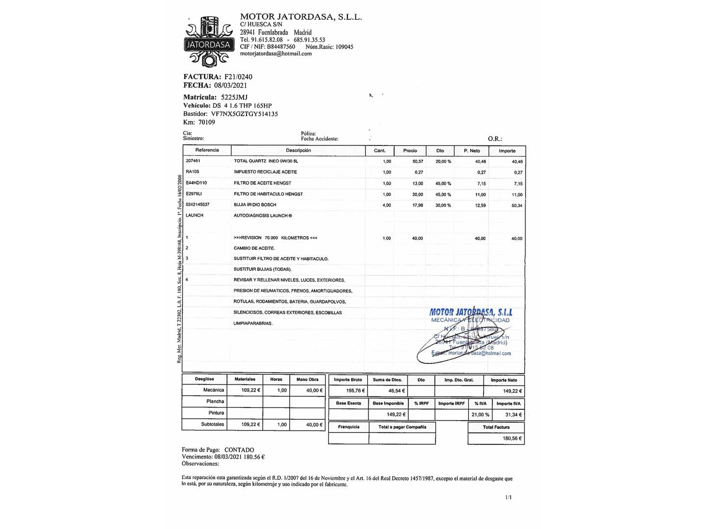 Foto del mantenimiento del DS DS 4 DS DS4 THP 165 S&S Style EAT6 (165 CV)