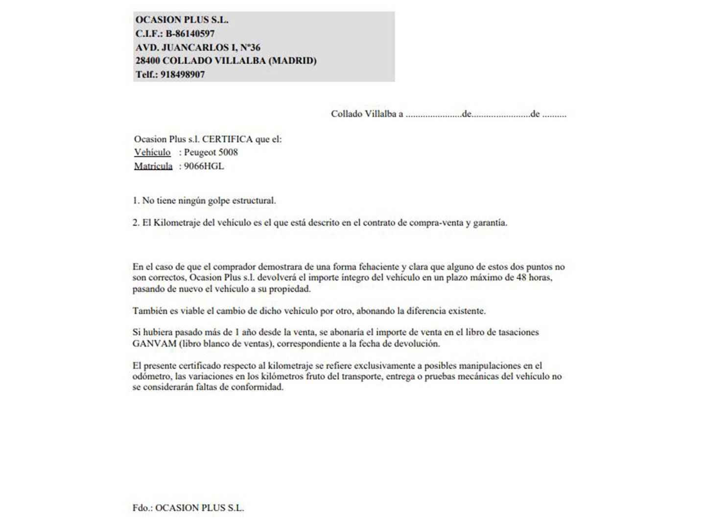 Foto del certificado del Peugeot 5008 Peugeot 5008 1.6 HDI Sport Pack FAP (112 CV) 7 Plazas