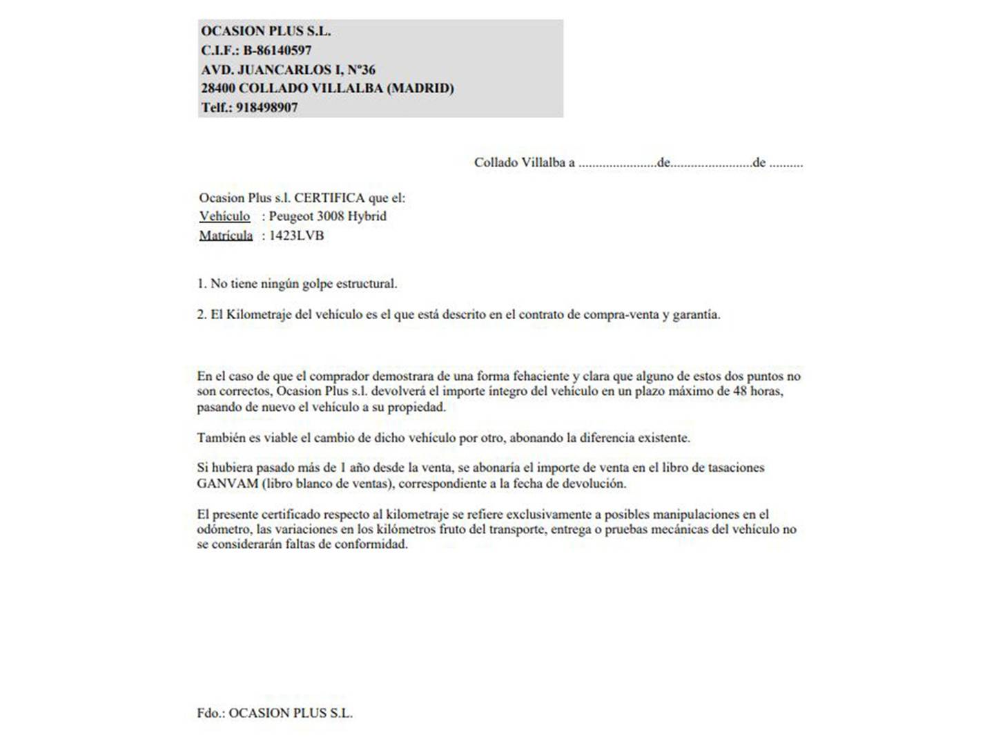 Foto del certificado del Peugeot 3008 Hybrid Peugeot 3008 Hybrid 225 Allure Pack e-EAT8 (225 CV)