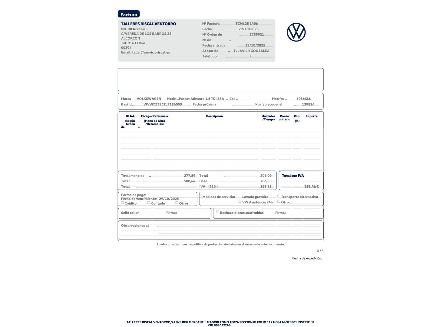 Foto del mantenimiento del Volkswagen Passat Volkswagen Passat Advance 1.6 TDI (120 CV)