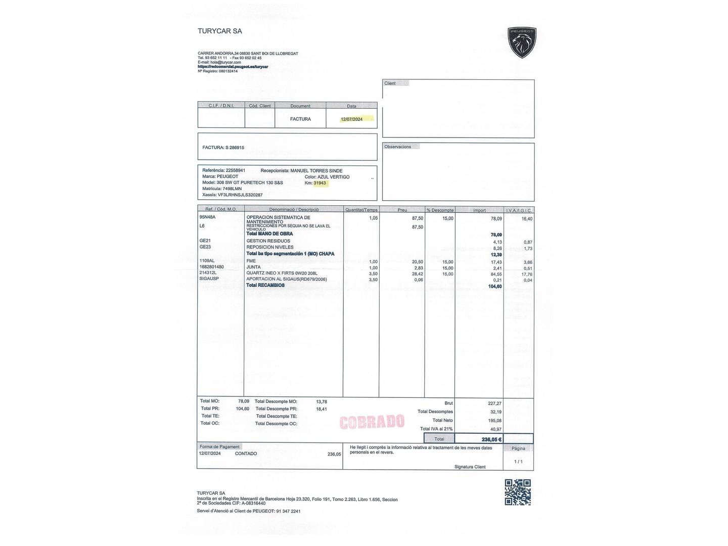 Foto del mantenimiento del Peugeot 308 Peugeot 308 SW SW PureTech 130 S&S GT (130 CV)
