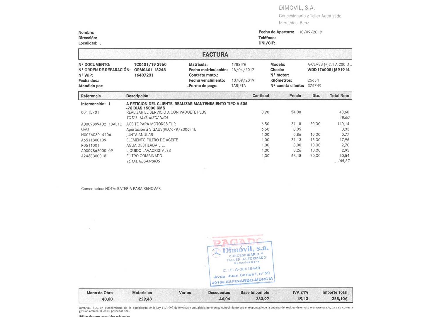 Foto del mantenimiento del Mercedes Clase A Mercedes Clase A 200 d (136 CV) Pack AMG