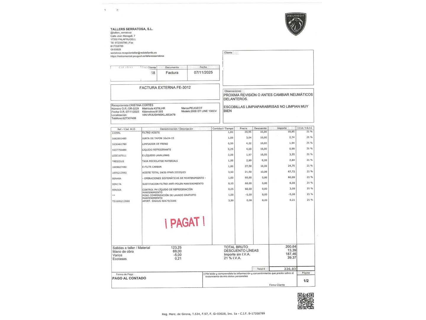 Foto del mantenimiento del Peugeot 2008 Peugeot 2008 PureTech 130 GT Line (130 CV)