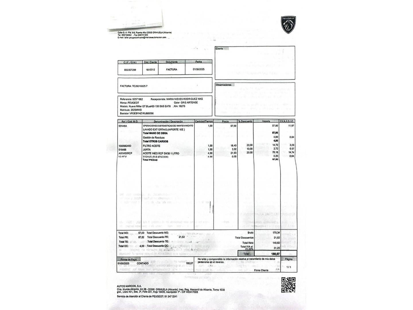 Foto del mantenimiento del Peugeot Rifter Peugeot Rifter BlueHDi 130 S&S GT Standard Auto (130 CV)